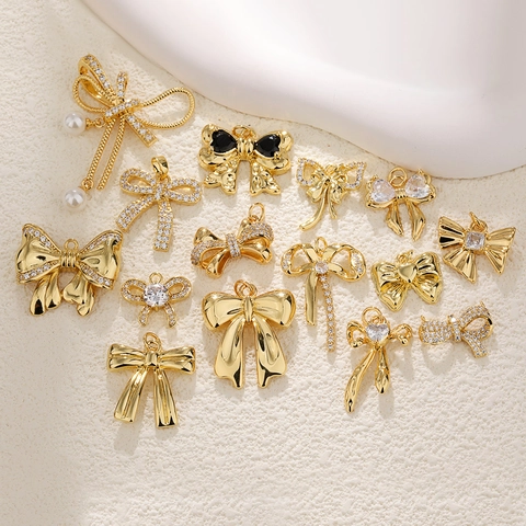 Gold Plated Copper Bowknot Pendant Inlaid Zirconia Artificial Pearl Charm For DIY Jewelry Making Sweet Style Women Necklace Accessory
