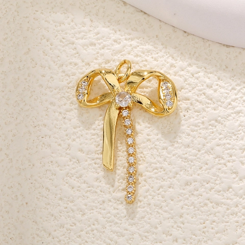 Gold Plated Copper Bowknot Pendant Inlaid Zirconia Artificial Pearl Charm For DIY Jewelry Making Sweet Style Women Necklace Accessory
