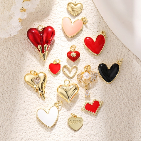 Copper Heart Pendant Gold Plated Red Enamel Oil Drip Heart Charm With Rhinestone For DIY Necklace Bracelet Jewelry Making