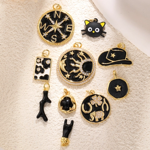 Gold Plated Copper Black Enamel Zirconia Pendant Moon Star Eye Compass Cat Elephant Charm DIY Jewelry Making Accessory