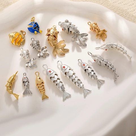 Articulated Koi Fish Charm Marine Life Starfish Shell Pendant Copper 14K Gold Plated Zirconia DIY Jewelry Making Accessory