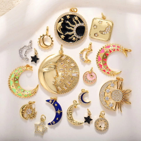 18K Vergoldet Kupfer Himmlischer Anhänger Mond Stern Sonne Emaille Zirkonia DIY Schmuckherstellung Anhänger Für Damen