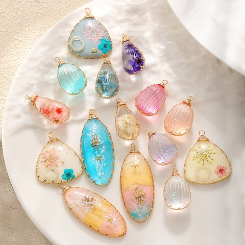 Handmade Resin Dried Flower Shell Starfish Pendant Copper Wire Wrapped DIY Jewelry Charms For Women Necklace Making