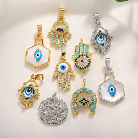 Colgante Ojo Turco Mano de Fátima Cobre Zirconia Charm Para DIY Collar Pulsera Fabricación Accesorios Joyería Ojo Azul Turco