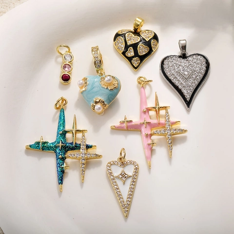 Colgantes de Cobre Esmalte Estrella Corazón Cruz Accesorios de Joyería DIY Con Diamantes de Imitación Perla Artificial Oro Dijes Mujer