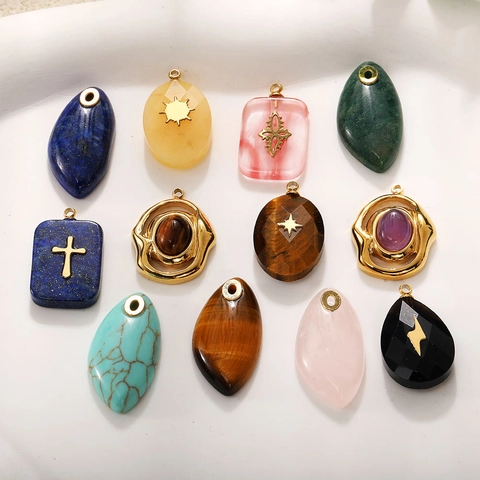 Naturstein Edelstahl Anhänger Lapislazuli Tigerauge Kreuz Wassertropfen Herz Charm Für DIY Halskette Schmuckherstellung