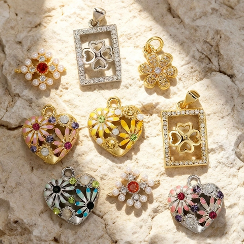 Luxury Copper Flower Tulip Daisy Pendant For DIY Jewelry Making Electroplated Enamel Rhinestone Artificial Pearl Sweet Style Women Findings