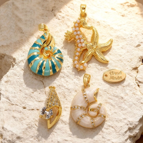 DIY Marine Series Jewelry Charms Copper Gold Plated Enamel Starfish Seahorse Conch Shell Pendants For Jewelry Making Accessories