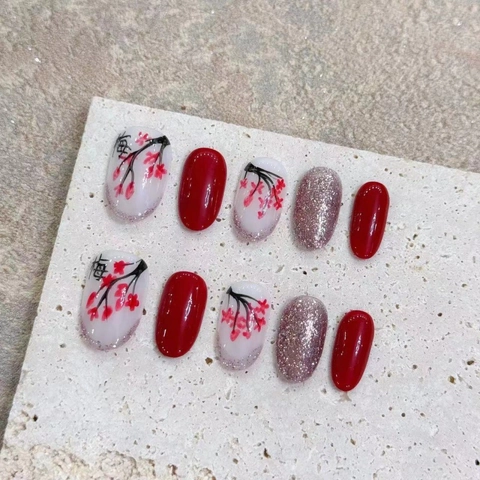 Handmade Press On Nails Chinese Style Red White Silver Glitter Plum Blossom Design Elegant False Nails With Tool Kit