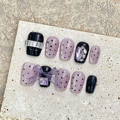 Handmade Purple Cat Eye Press On Nails With Bowknot Rhinestones Sweet Black Polka Dot Long Square Fake Nails 10Pcs Set
