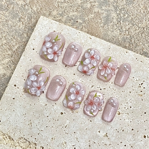Handgefertigte 3D Relief Blumen Kunstnägel Rosa Katzenaugeneffekt Pfirsichblüten Design Künstliche Perle Für Damen
