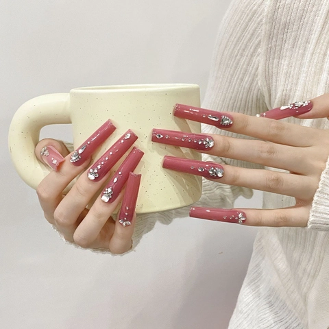 Uñas Postizas Hechas a Mano Cuadradas Largas Color Rosa Diseño Mariposa Con Pedrería Incrustada Para Mujeres