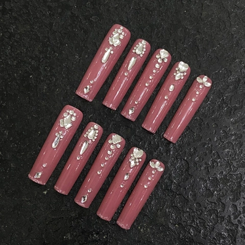Uñas Postizas Hechas a Mano Cuadradas Largas Color Rosa Diseño Mariposa Con Pedrería Incrustada Para Mujeres
