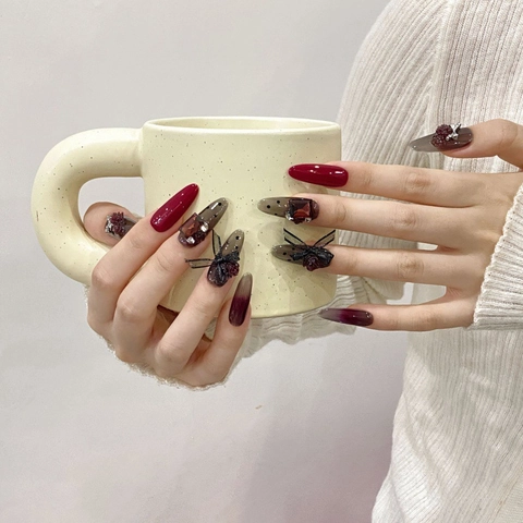 Handgefertigte Künstliche Nägel Weinrot Gothic Rose Schleife Strass Lange Mandelform Kunstnägel Luxus 10 Stück Set Damen