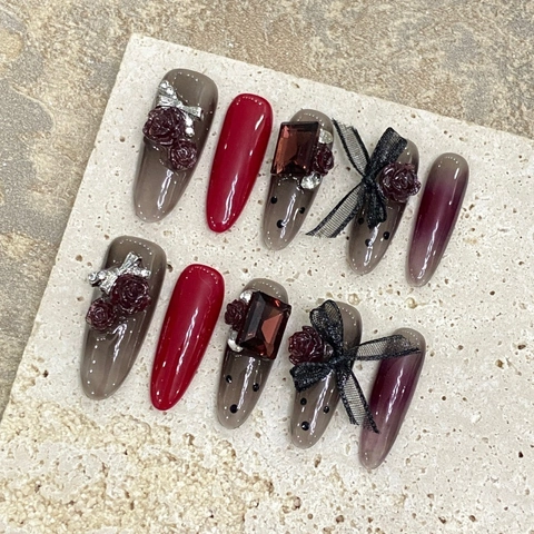 Handgefertigte Künstliche Nägel Weinrot Gothic Rose Schleife Strass Lange Mandelform Kunstnägel Luxus 10 Stück Set Damen