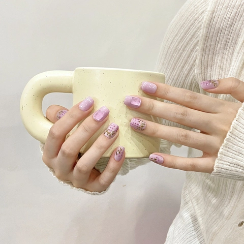Handmade Lavender Purple Press On Nails Hand Painted Floral Cat Eye 3D Gel Square False Nails Elegant Nail Art Set