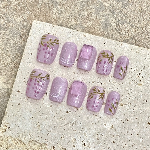 Handmade Lavender Purple Press On Nails Hand Painted Floral Cat Eye 3D Gel Square False Nails Elegant Nail Art Set
