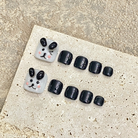 Unghie Finte Piedi Fatte a Mano 3D Panda Set Nero Bianco Lucido Cartone Animato Design Copertura Totale per Donna