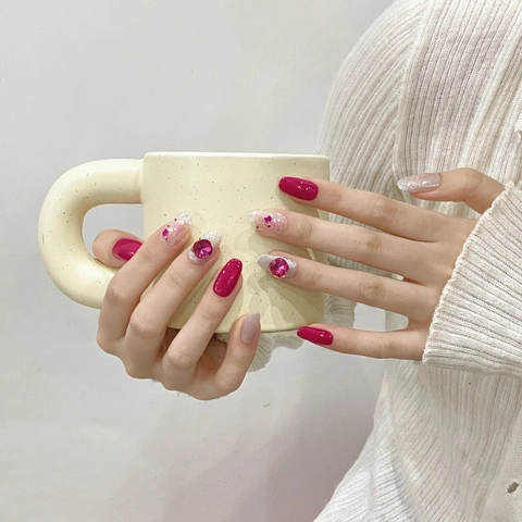 Uñas Postizas a Presión Rojo Rosa Hechas a Mano Lujo Strass Brillo Forma Ovalada Elegantes Uñas Artificiales Brillantes Mujer
