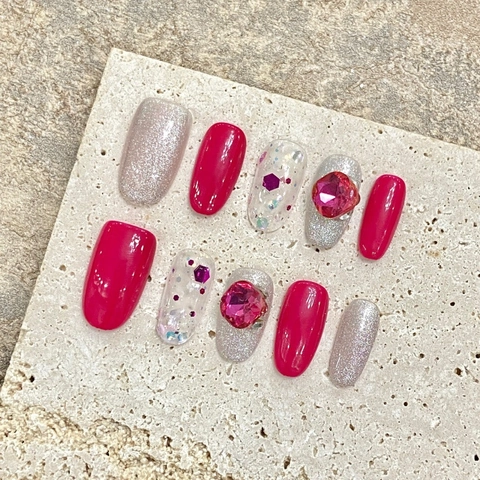 Uñas Postizas a Presión Rojo Rosa Hechas a Mano Lujo Strass Brillo Forma Ovalada Elegantes Uñas Artificiales Brillantes Mujer