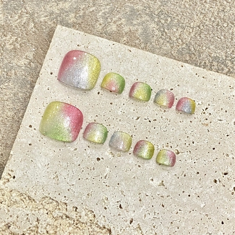 Luxury Handmade Glitter Iridescent Gradient Toenail Press On Nails Shiny Macaron Colorful Fake Toe Nails For Women Pedicure