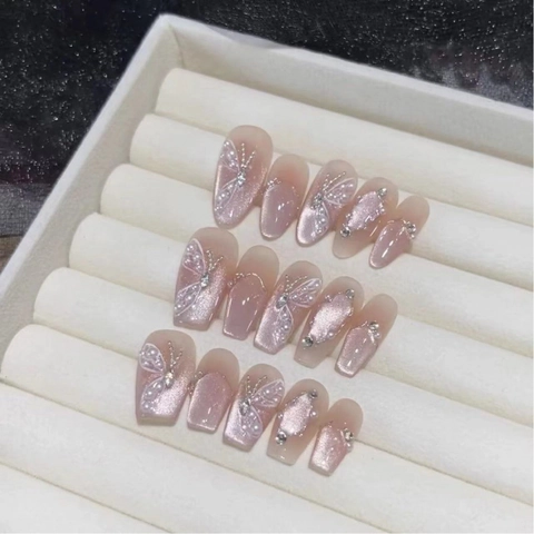 Unghie Finte Occhio Di Gatto Fatte A Mano Con Farfalla Perla Artificial Strass Lusso Rosa Nudo Lucido Unghie Artificiali