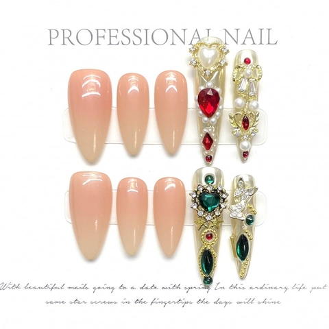 Uñas Postizas Hechas a Mano Estilo Palaciego Lujo Degradado Rosa Nude Lazo Dorado Decoración Piedras Preciosas Almendra Larga