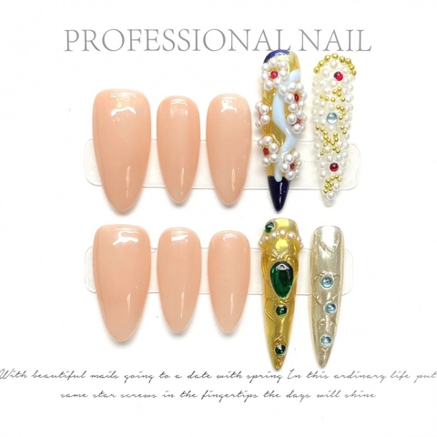 Faux Ongles à Coller Artisanat de Luxe Style Cour Amande Longue Avec Künstliche Perles Strass Gemmes Reliefs pour Femmes