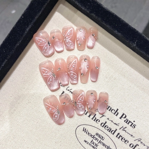 Uñas Postizas Hechas a Mano Mariposa Ojo de Gato Perla Artificial Strass Hada Degradado Rosa Para Mujer Fiesta Manicura