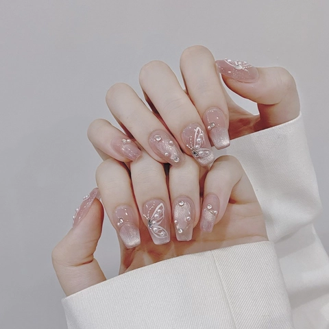 Uñas Postizas Hechas a Mano Mariposa Ojo de Gato Perla Artificial Strass Hada Degradado Rosa Para Mujer Fiesta Manicura