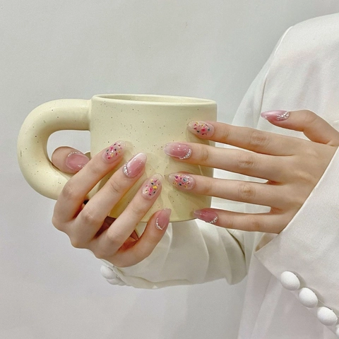 Unghie Finte Fatte a Mano Rosa Occhio di Gatto Con Decorazione di Fiori Secchi Strass Perle Stile Francese Unghie Ovali