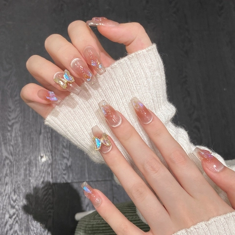 Handgefertigt Katzenauge Blush Kunstnägel Zum Aufkleben Irisierend 3D Schmetterling Schleife Verlauf Sarg Falsche Nägel Für Damen