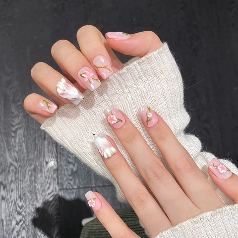 Uñas Postizas a Presión Zorro 3D Hechas a Mano Degradado Rosa Flor de Cerezo Nuevo Estilo Chino Dulce Para Mujer