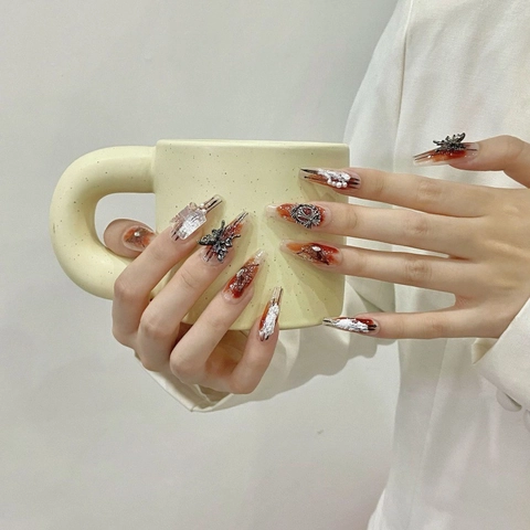 Handmade Press-On Nails Long Coffin Shape Red Smudge Gothic Cross Silver Butterfly Rhinestone Artificial Pearl Nail Art Tips