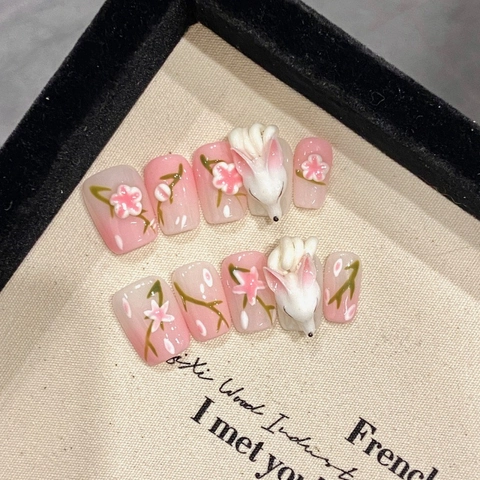 Uñas Postizas a Presión Zorro 3D Hechas a Mano Degradado Rosa Flor de Cerezo Nuevo Estilo Chino Dulce Para Mujer