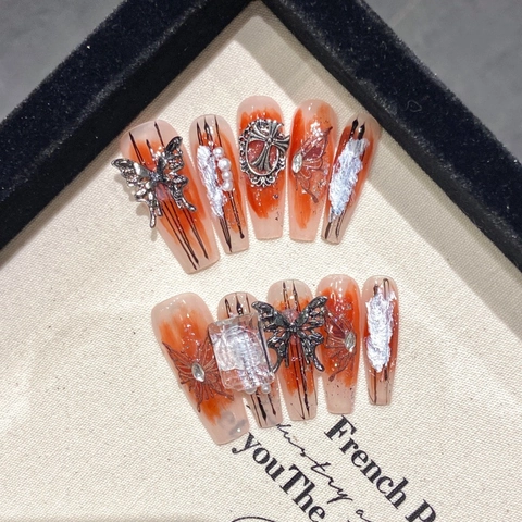 Handmade Press-On Nails Long Coffin Shape Red Smudge Gothic Cross Silver Butterfly Rhinestone Artificial Pearl Nail Art Tips
