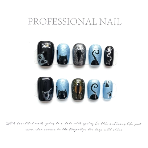 Handmade Starry Sky Cat Eye Press On Nails Cat Pattern False Nails For Women Glossy Short Square Round Fake Nails Beauty Manicure Kit