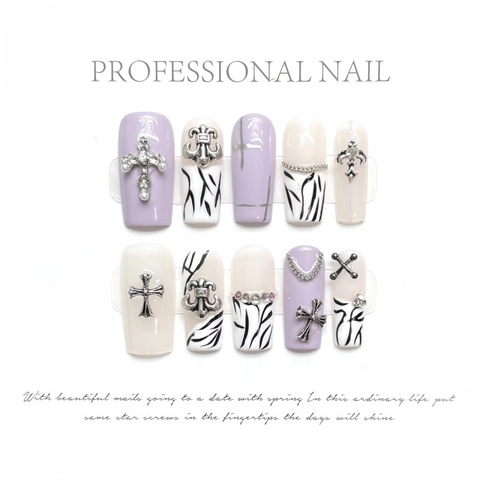 Paars Wit Zebra Doodskist Plaknagels Gothic Legering Kruis Strass Kunstparel Handgemaakte Valse Nagels Manicure Kunst