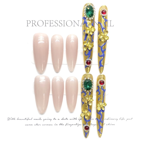 Handgefertigte Luxus Palast Stil Extra Lange Wassertropfen Künstliche Fingernägel Mit 3D Emaille Legierung Strass Edelstein Nagel Schmuck Set