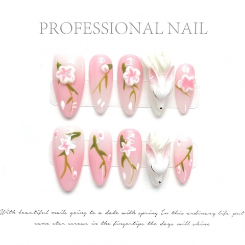 Uñas Postizas Hechas a Mano Degradado Rosa Blanco Diseño 3D Zorro Conejo Flor Relieve Estilo Neochino Uñas Pintadas a Mano