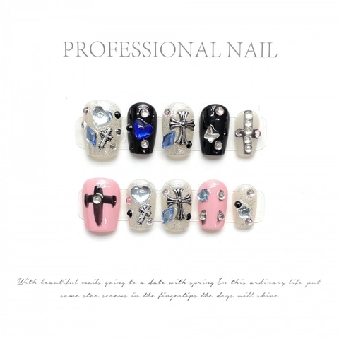 Gothic Sweet Cool Press On Nails Handmade Black Pink Coffin Nails With Cross Heart Rhinestone Artificial Pearl Y2K Nail Art