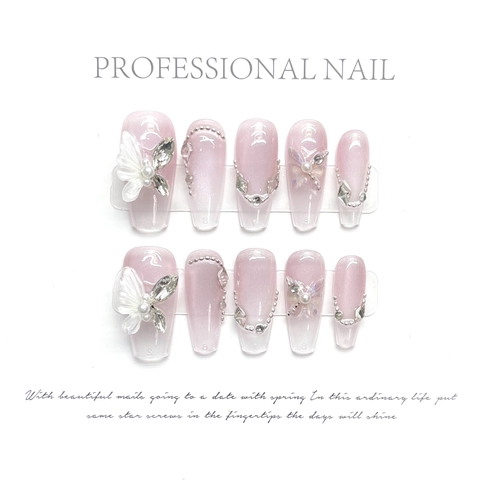 Handgefertigte Luxus Press On Nails Rosa Lila Farbverlauf Katzenaugen Coffin Künstliche Fingernägel Mit 3D Schmetterling Kunstperlen Strass