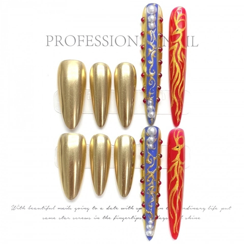 Unghie Finte a Pressione Stiletto Fatte a Mano Lusso Specchio Oro Fiamma Rossa Blu Perla Artificiale Strass Stile Corte