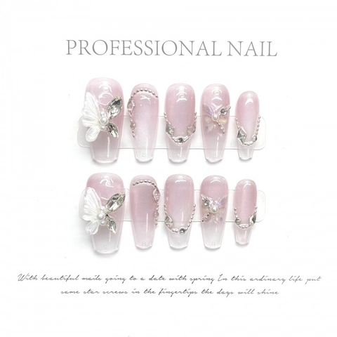 Uñas Postizas de Lujo Hechas a Mano Degradado Rosa Púrpura Efecto Ojo de Gato Coffin Uñas Falsas Con Mariposa 3D Perlas Artificiales Strass