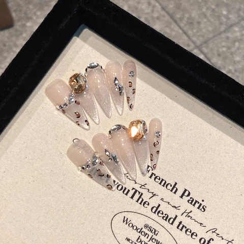 Handmade Long Stiletto Press On Nails French Leopard Print Luxury Rhinestone Cat Eye Gradient Nude Pink False Nails Set