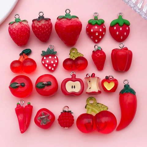 Red Resin Fruit Vegetable Charms Strawberry Cherry Apple Chili Pendant Only (Without Chain) For DIY Jewelry Making Accessories