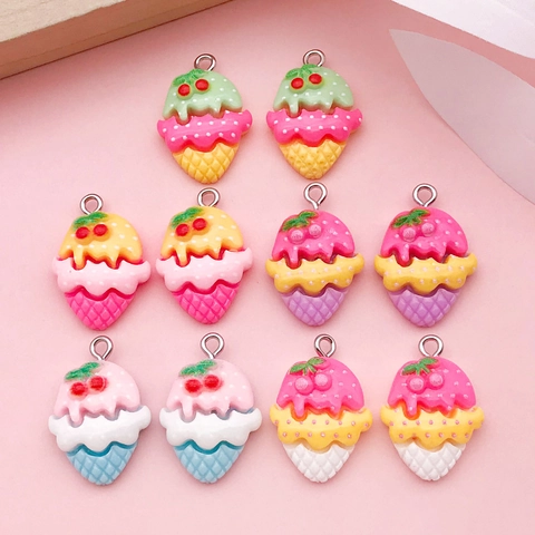 Cute Resin Ice Cream Cone Charms With Metal Hook For DIY Jewelry Keychain Phone Chain Cherry Strawberry Food Play Accessories