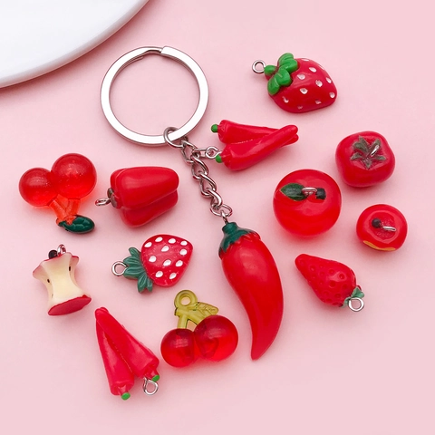 Red Resin Fruit Vegetable Charms Strawberry Cherry Apple Chili Pendant Only (Without Chain) For DIY Jewelry Making Accessories
