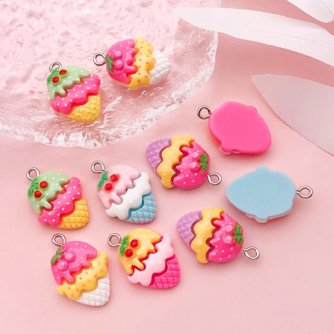 Cute Resin Ice Cream Cone Charms With Metal Hook For DIY Jewelry Keychain Phone Chain Cherry Strawberry Food Play Accessories