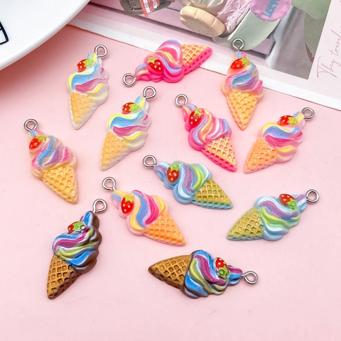 Resin Alloy Simulation Ice Cream Cone Charms Rainbow Strawberry Fruit Dessert Shape DIY Jewelry Making Pendants For Keychain